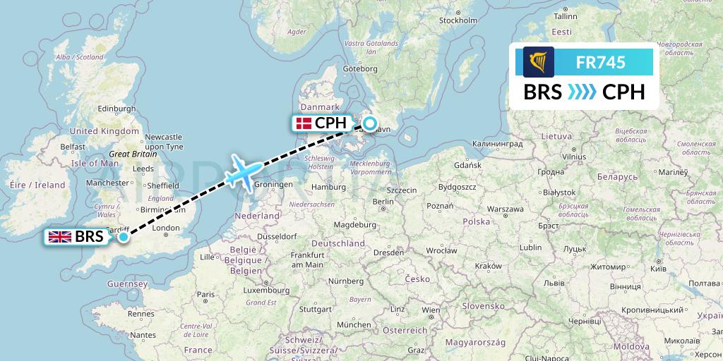 FR745 Ryanair Flight Map: Bristol to Copenhagen