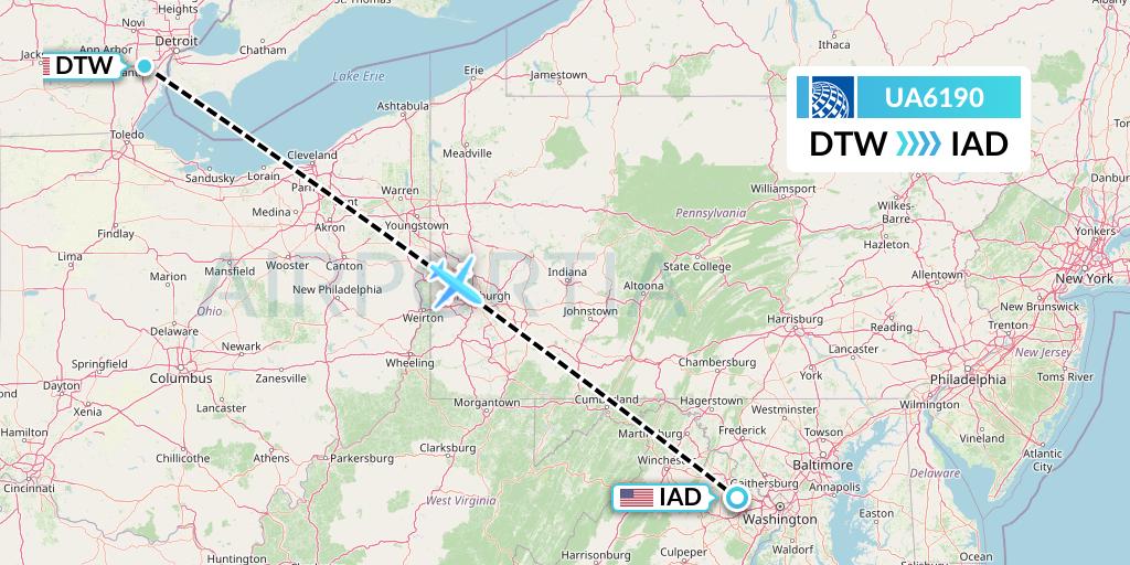 UA6190 United Airlines Flight Map: Detroit to Washington