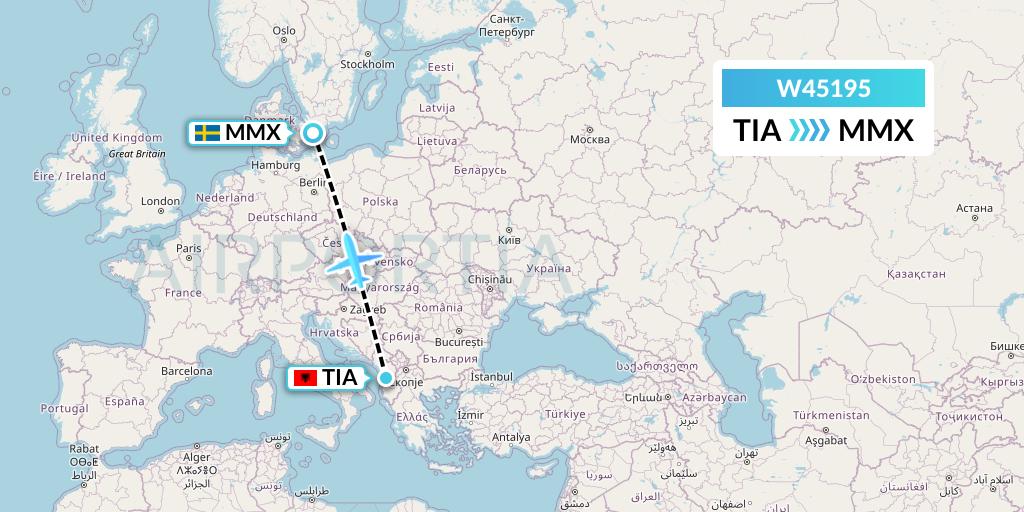 W45195 Wizz Air Malta Flight Map: Tirana to Malmo