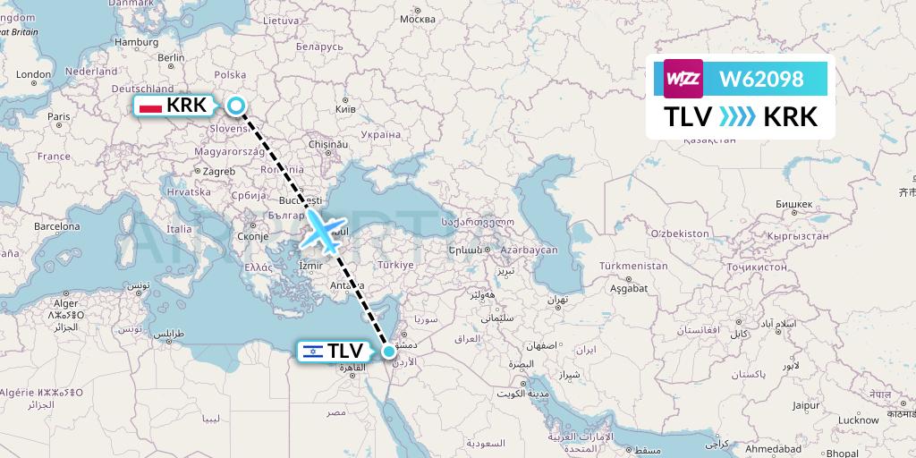 W62098 Wizz Air Flight Map: Tel Aviv to Krakow