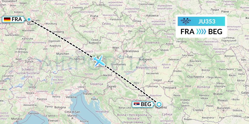 JU353 AirSERBIA Flight Map: Frankfurt to Belgrade