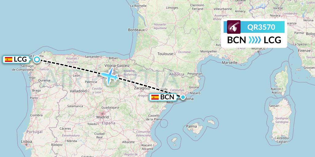 QR3570 Qatar Airways Flight Map: Barcelona to A Coruna