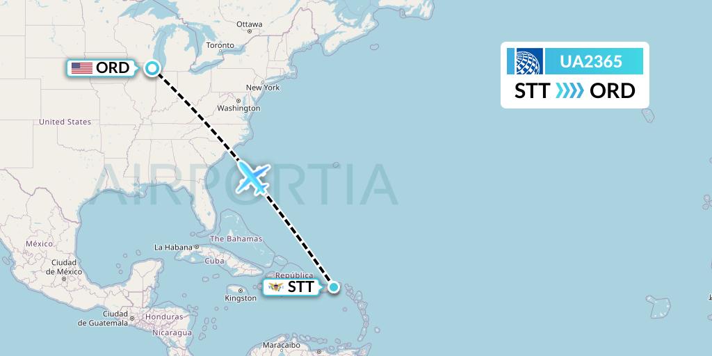 UA2365 United Airlines Flight Map: St. Thomas to Chicago