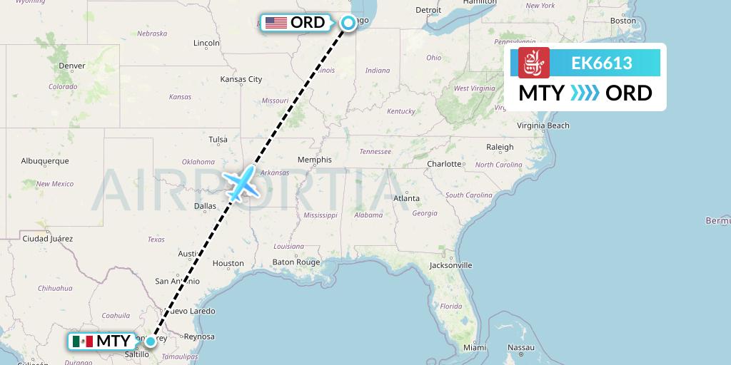 EK6613 Emirates Flight Map: Monterrey to Chicago