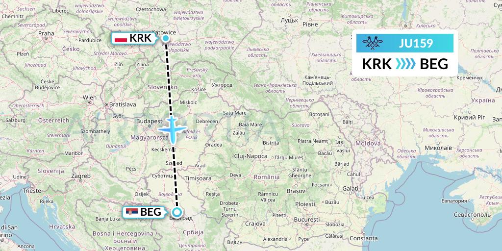 JU159 AirSERBIA Flight Map: Krakow to Belgrade