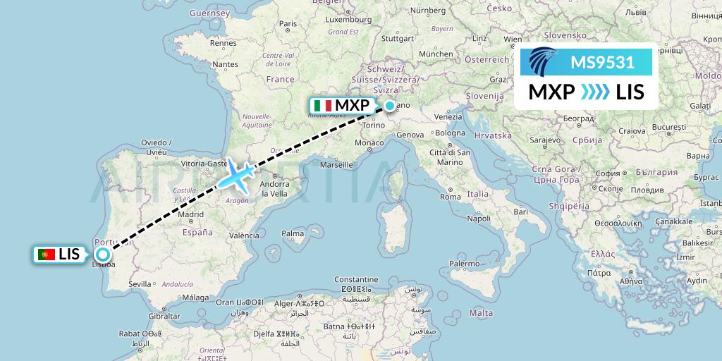 MS9531 EgyptAir Flight Map: Milan to Lisbon