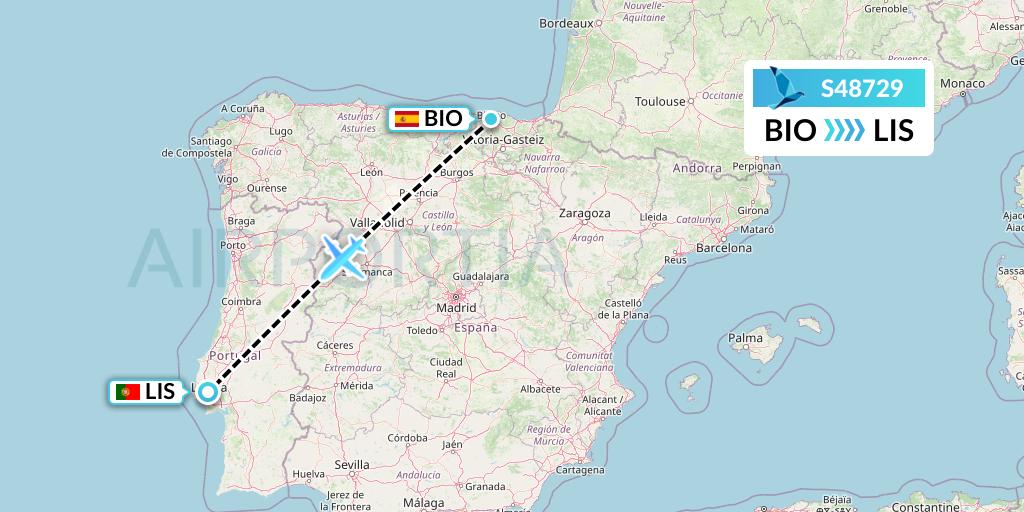 S48729 Azores Airlines Flight Map: Bilbao to Lisbon
