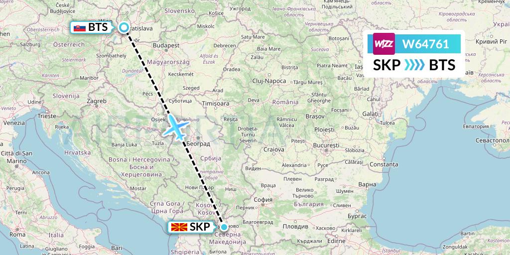 W64761 Wizz Air Flight Map: Skopje to Bratislava
