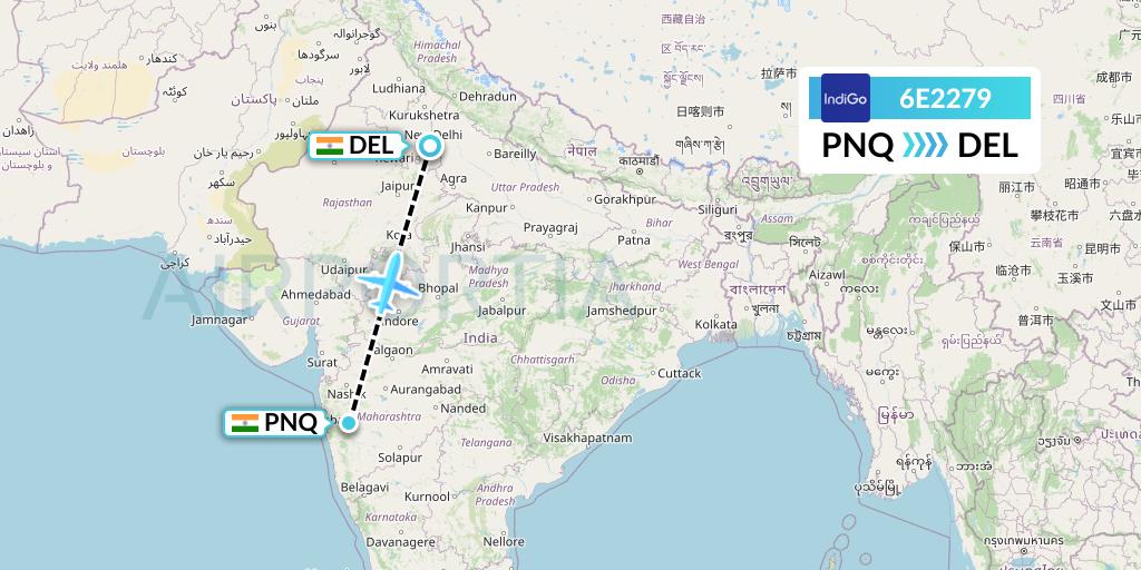 6E2279 IndiGo Airlines Flight Map: Pune to Delhi