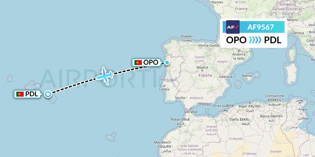 AF9567 Air France Flight Map: Porto to Ponta Delgada
