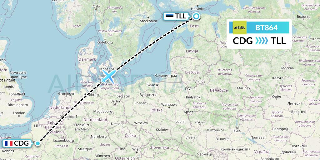 BT864 Air Baltic Flight Map: Paris to Tallinn