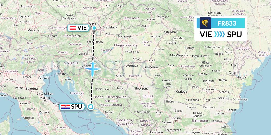 FR833 Ryanair Flight Map: Vienna to Split