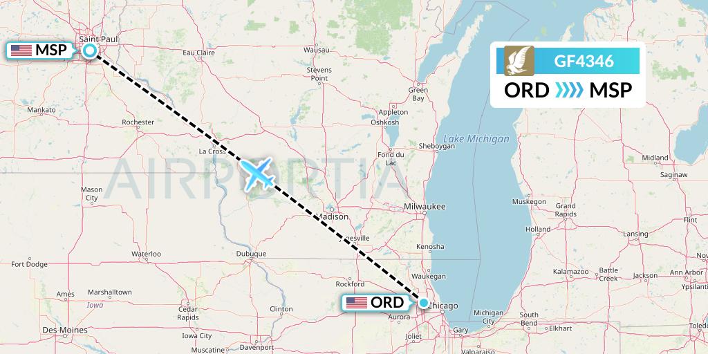 GF4346 Gulf Air Flight Map: Chicago to Minneapolis