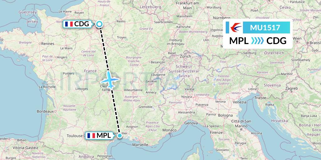 MU1517 China Eastern Airlines Flight Map: Montpellier to Paris