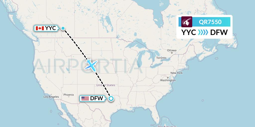QR7550 Qatar Airways Flight Map: Calgary to Dallas
