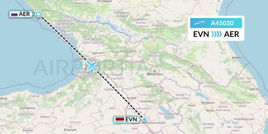 A45030 Azimuth Airlines Flight Map: Yerevan to Sochi