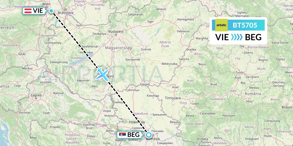 BT5705 Air Baltic Flight Map: Vienna to Belgrade