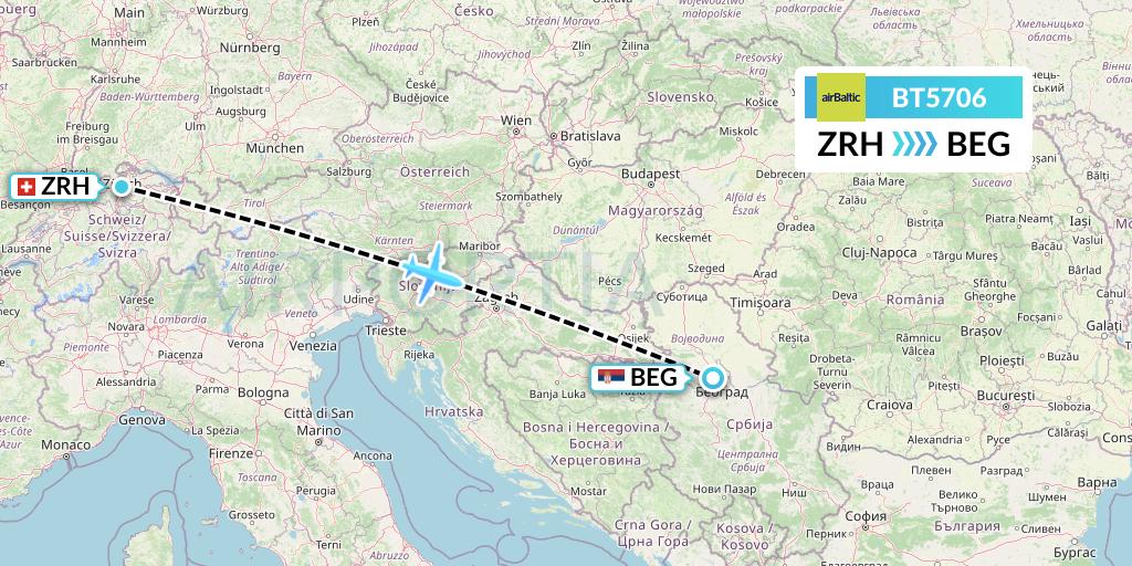 BT5706 Air Baltic Flight Map: Zurich to Belgrade