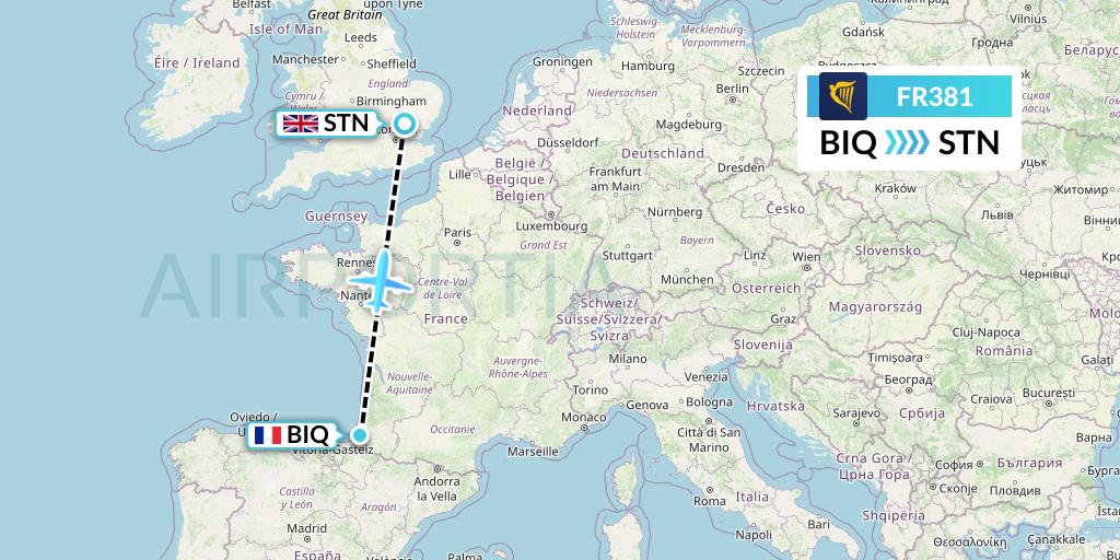 FR381 Ryanair Flight Map: Biarritz to London