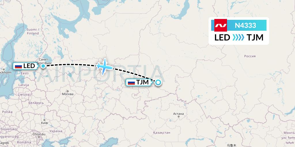 N4333 Nordwind Airlines Flight Map: St. Petersburg to Tyumen
