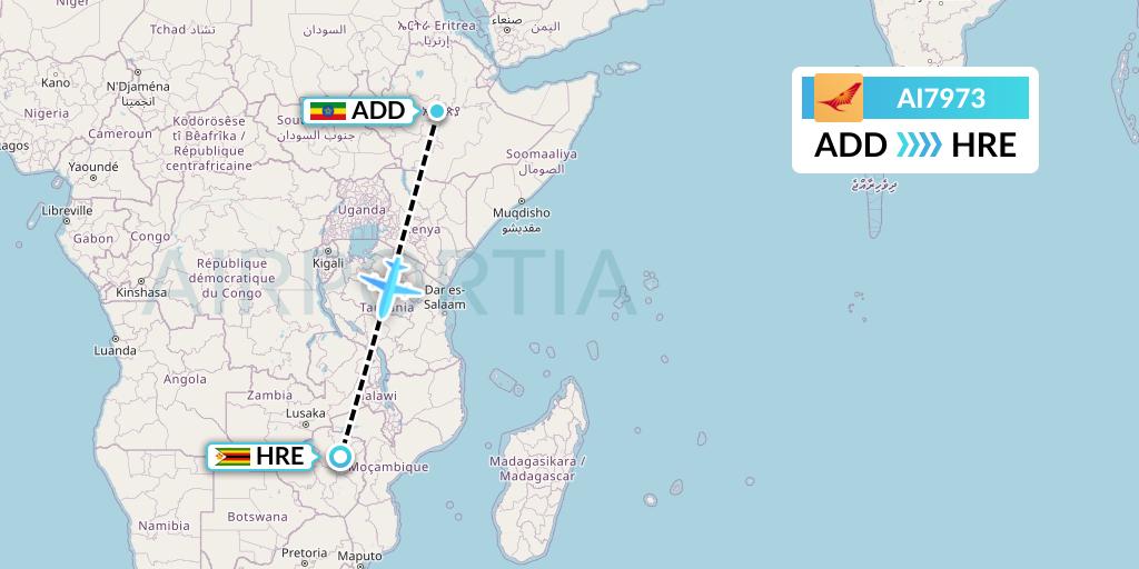 AI7973 Air India Flight Map: Addis Ababa to Harare