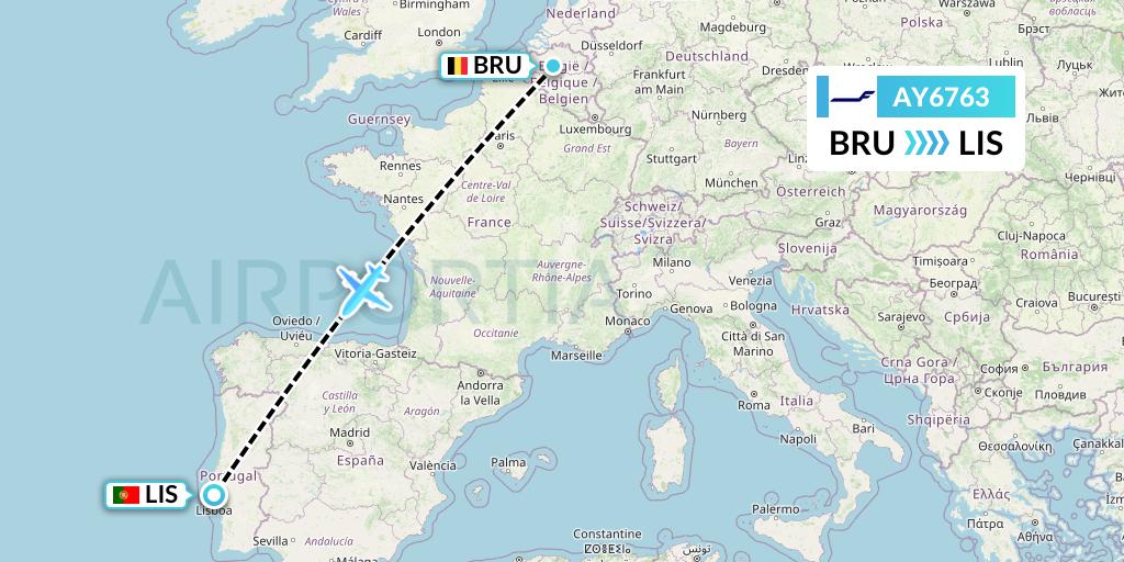 AY6763 Finnair Flight Map: Brussels to Lisbon