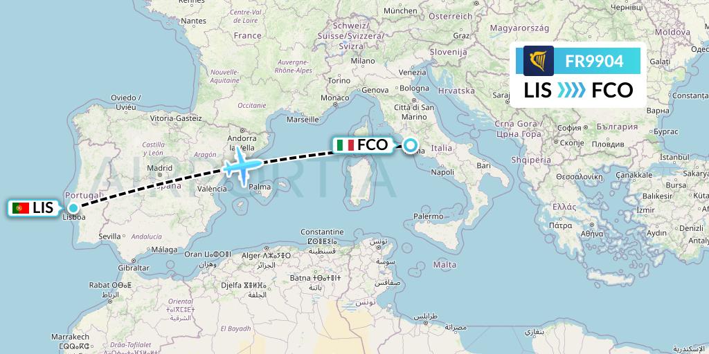 FR9904 Ryanair Flight Map: Lisbon to Rome