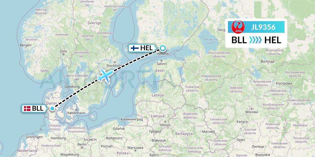 JL9356 Japan Airlines Flight Map: Billund to Helsinki