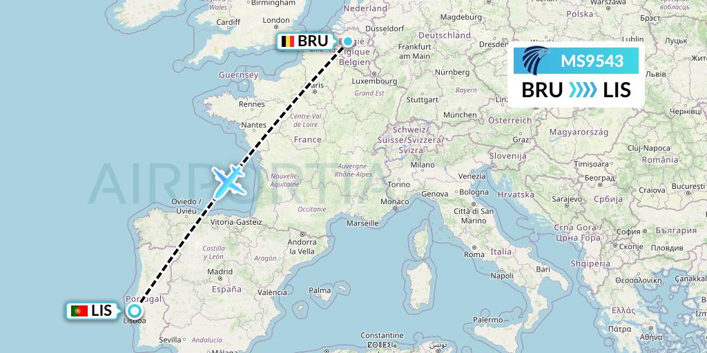 MS9543 EgyptAir Flight Map: Brussels to Lisbon