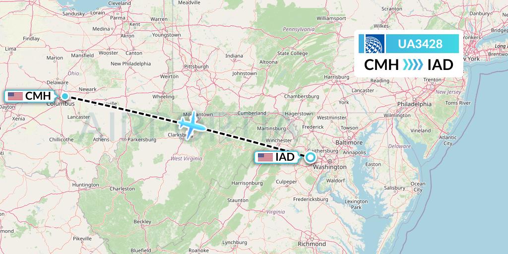 UA3428 United Airlines Flight Map: Columbus to Washington