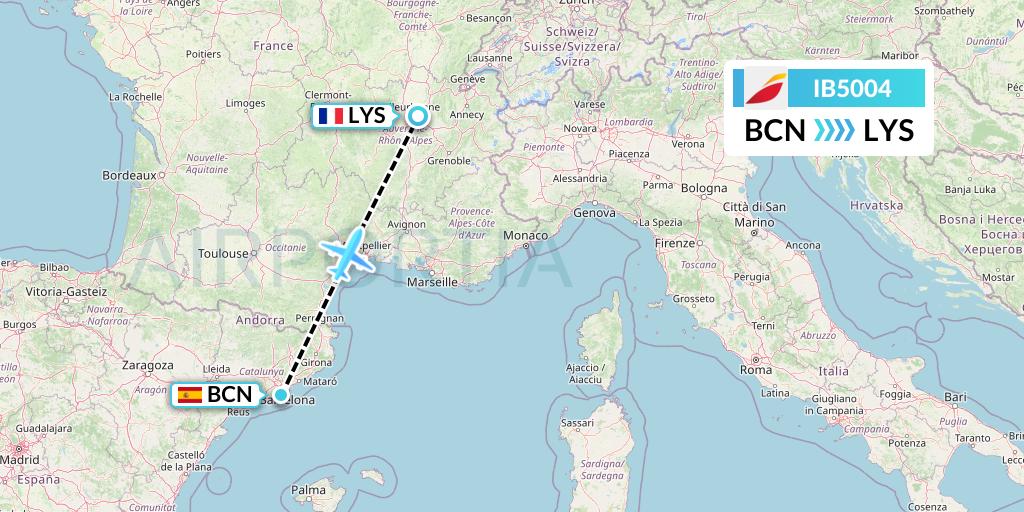 IB5004 Iberia Flight Map: Barcelona to Lyon