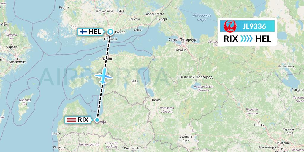 JL9336 Japan Airlines Flight Map: Riga to Helsinki