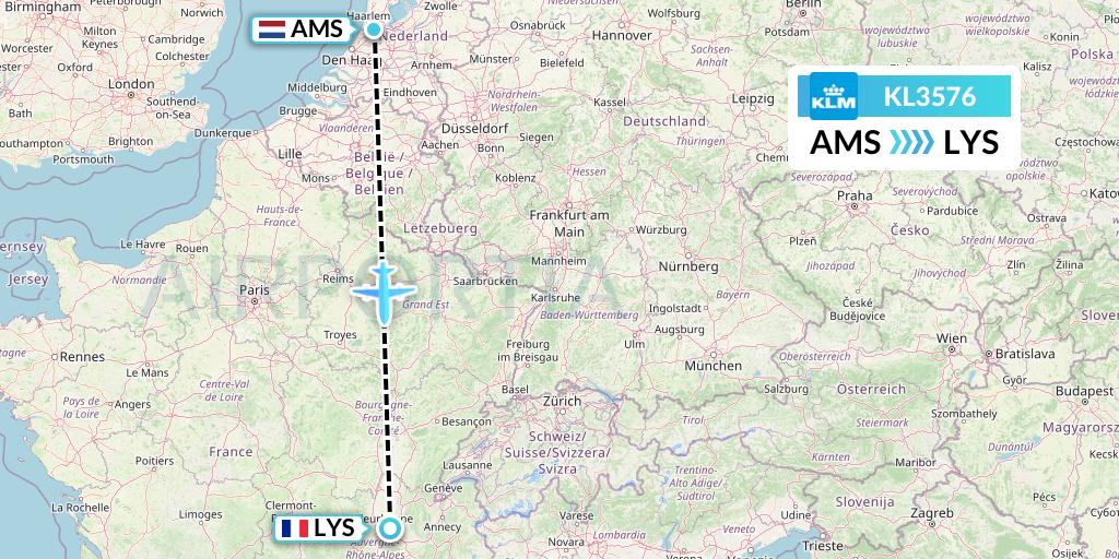 KL3576 KLM Flight Map: Amsterdam to Lyon