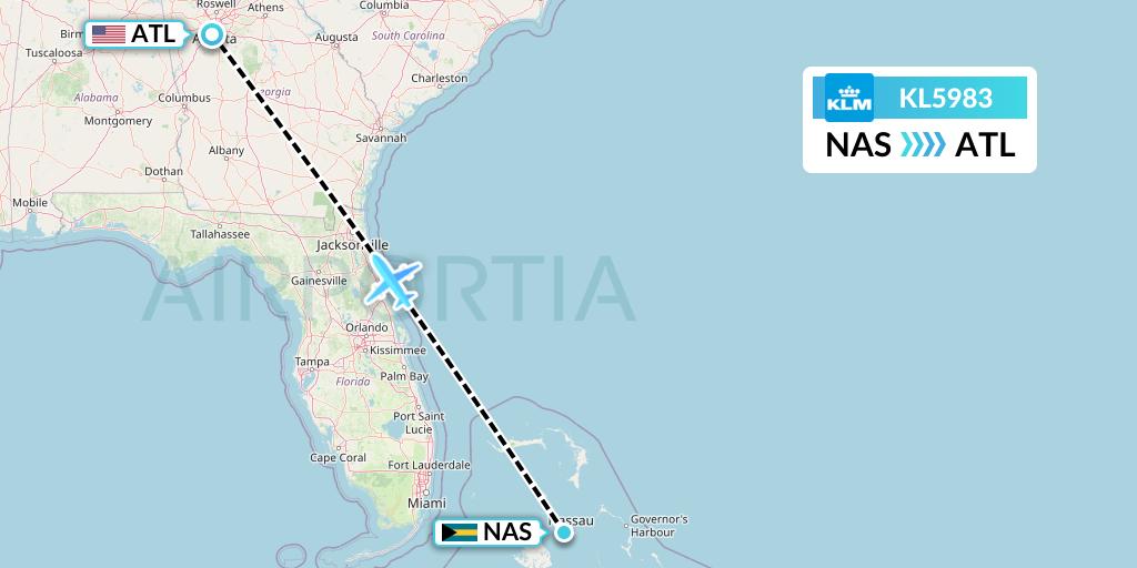KL5983 KLM Flight Map: Nassau to Atlanta