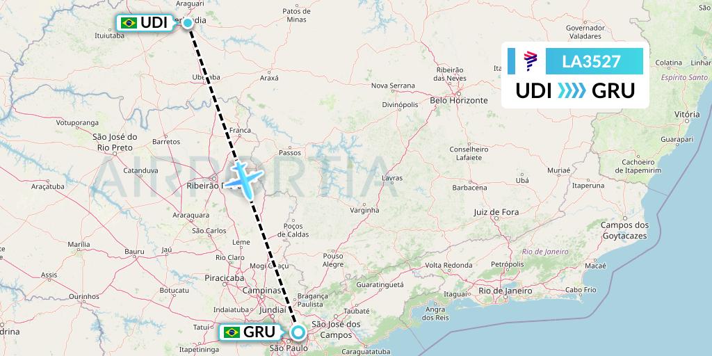 LA3527 LAN Airlines Flight Map: Uberlandia to Sao Paulo