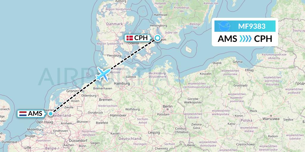 MF9383 Xiamen Airlines Flight Map: Amsterdam to Copenhagen