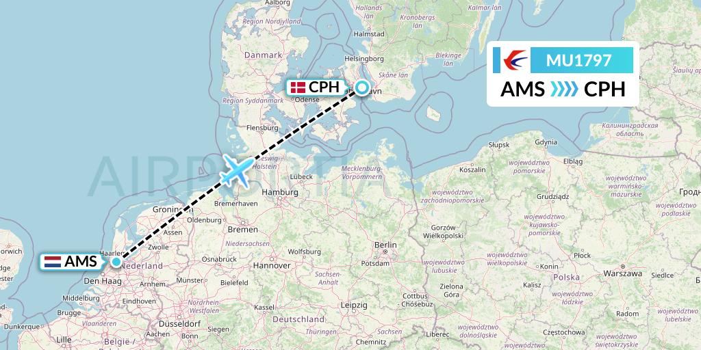 MU1797 China Eastern Airlines Flight Map: Amsterdam to Copenhagen