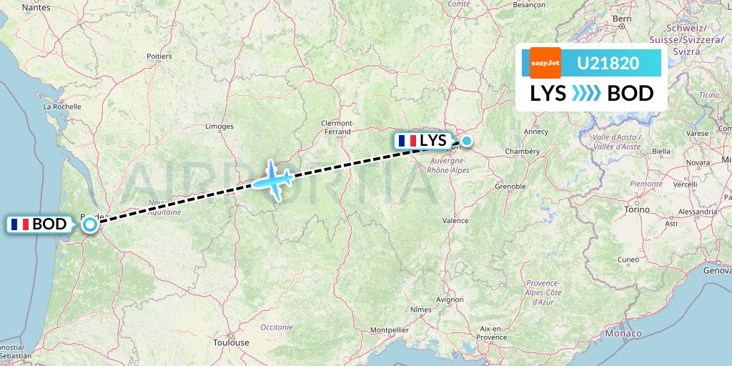 U21820 EasyJet Flight Map: Lyon to Bordeaux