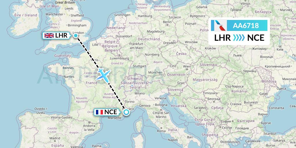 AA6718 American Airlines Flight Map: London to Nice