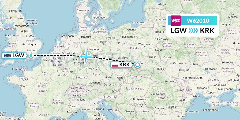 W62010 Wizz Air Flight Map: London to Krakow