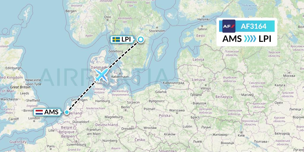 AF3164 Air France Flight Map: Amsterdam to Linkoping