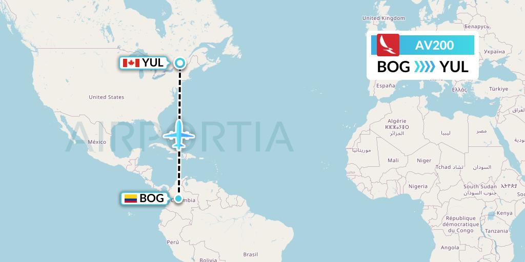 AV200 Avianca Flight Map: Bogota to Montreal