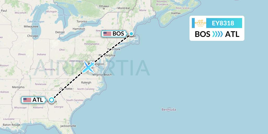 EY8318 Etihad Airways Flight Map: Boston to Atlanta