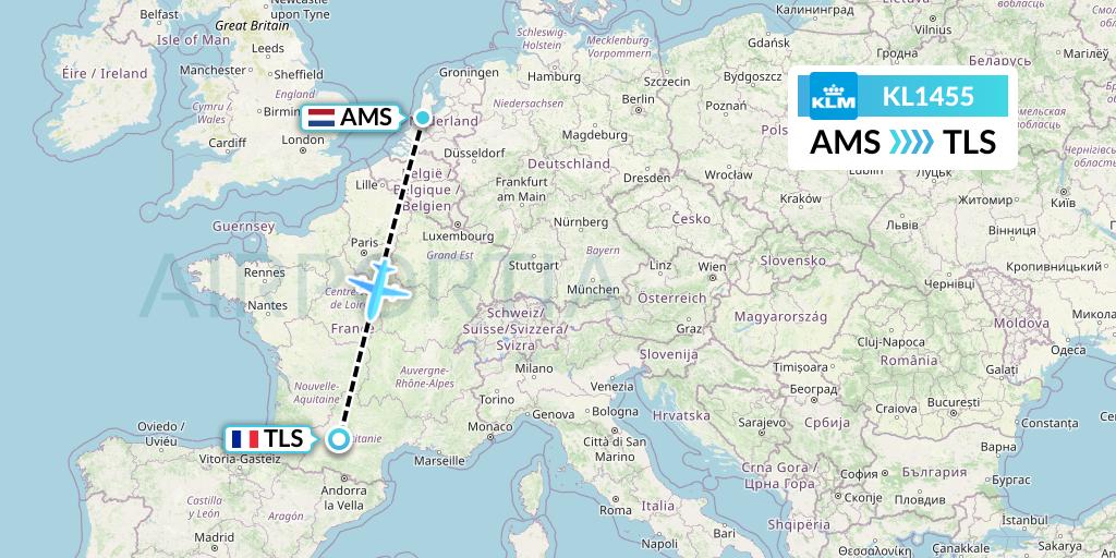KL1455 KLM Flight Map: Amsterdam to Toulouse