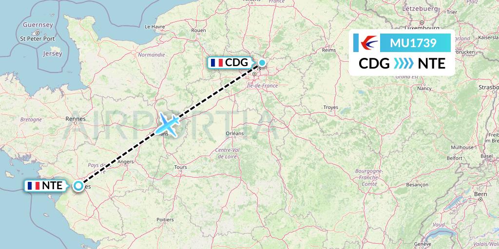 MU1739 China Eastern Airlines Flight Map: Paris to Nantes