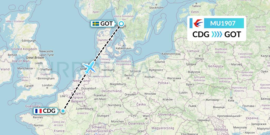 MU1907 China Eastern Airlines Flight Map: Paris to Gothenburg