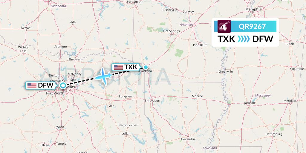 QR9267 Qatar Airways Flight Map: Texarkana to Dallas