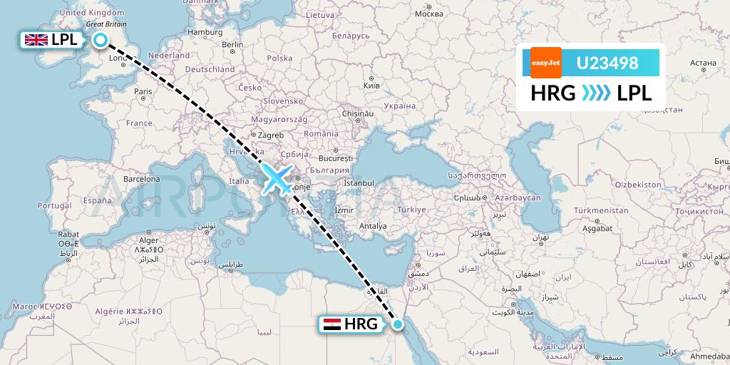U23498 EasyJet Flight Map: Hurghada to Liverpool