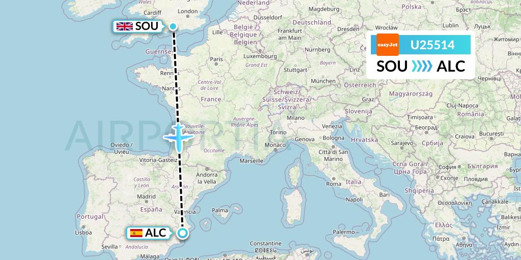 U25514 EasyJet Flight Map: Southampton to Alicante