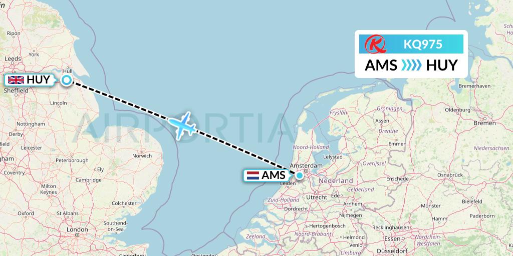KQ975 Kenya Airways Flight Map: Amsterdam to Humberside